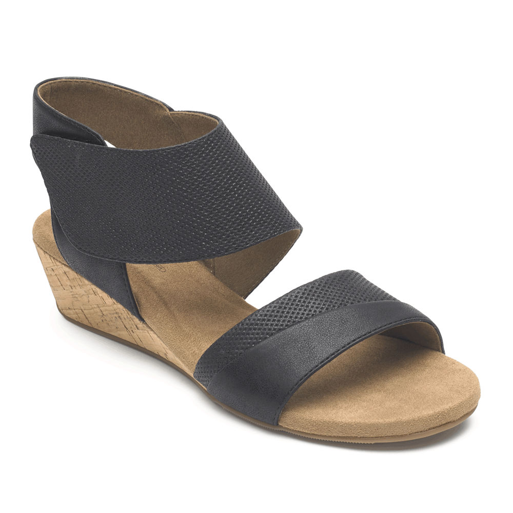 Rockport Sandals For Womens Black - Calia Mid Wedge Cuff - GZ5216930